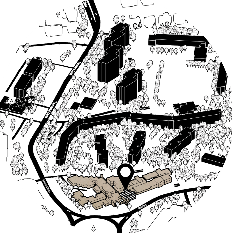 Grafika przedstawiająca mapkę z przestrzenią Osiedla Słowackiego w Lublinie z zaznaczonym targowiskiem przy ul. Wileńskiej i pawilonem, w którym znajduje się Muzeum Osiedli Mieszkaniowych.